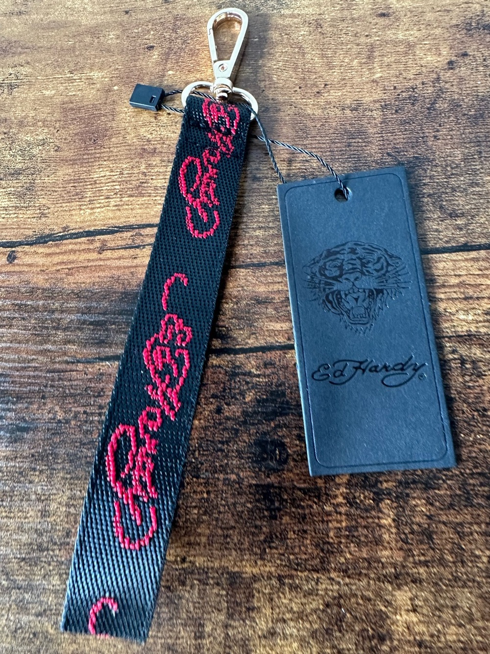 Ed Hardy Black and Red Logo Wristlet Keychain Strap with Gold Clip NWT